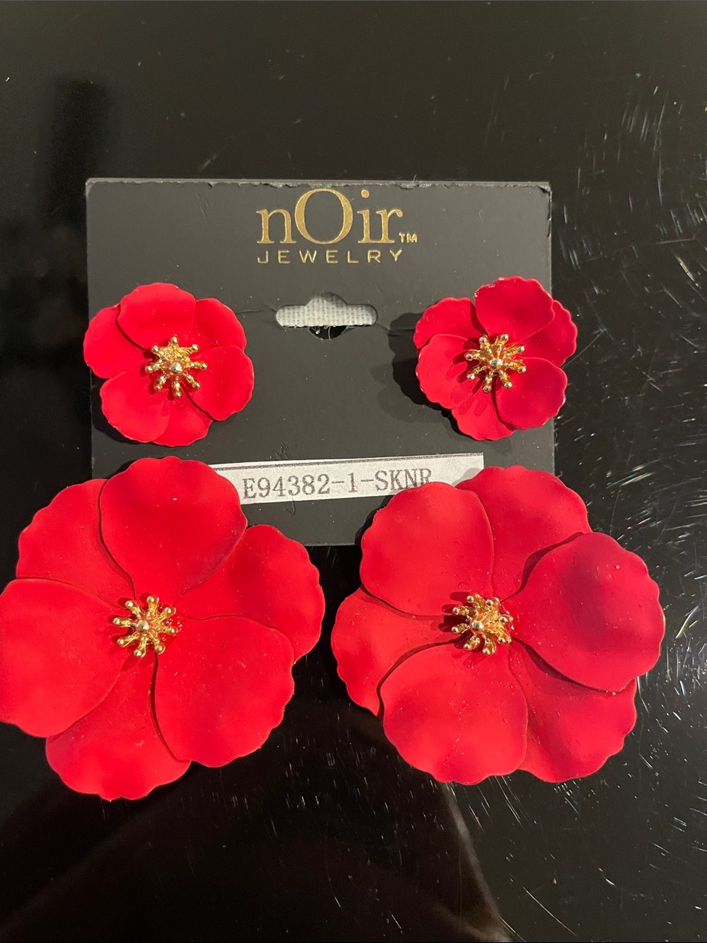 nOir Jewelry Red Floral Statement Earrings Duo with Gold Accents